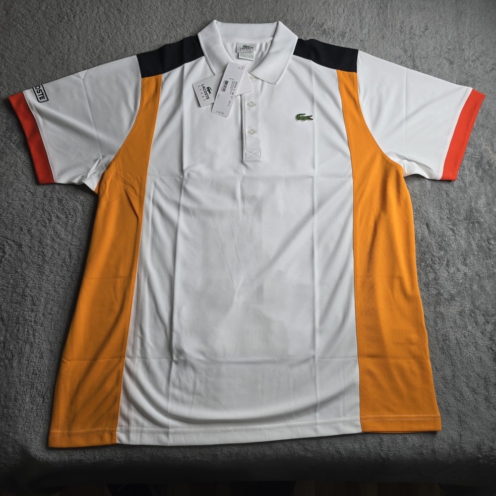 Lacoste Sport Polo Shirt Mens Size 7 White Orange Red Colorblock Logo Luxury